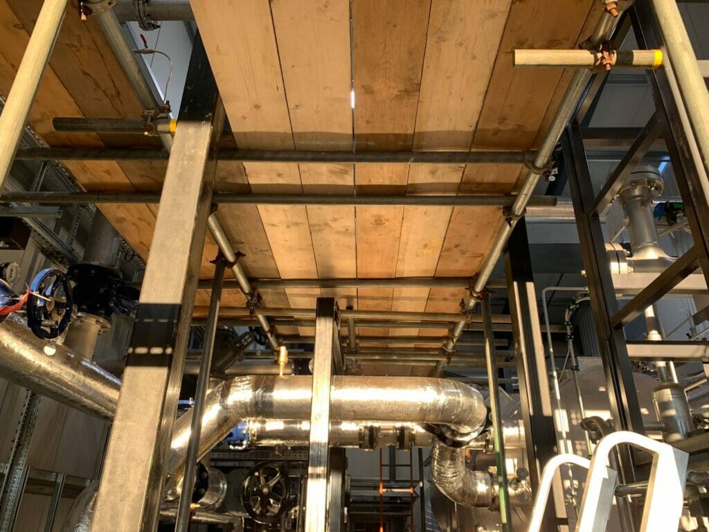 Underneath of Birdcage scaffolding, Redvins Barn, Goodwood Estate, Chichester, West Sussex, PO18